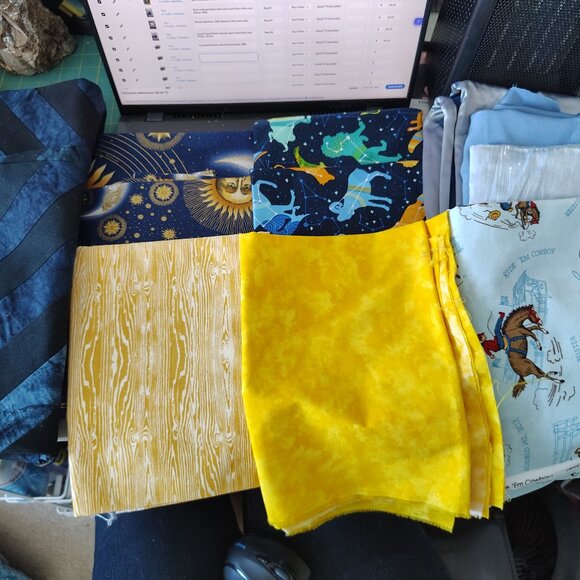 Assorted Fabric Pieces in Blue and yellow Themed 4.62lbs